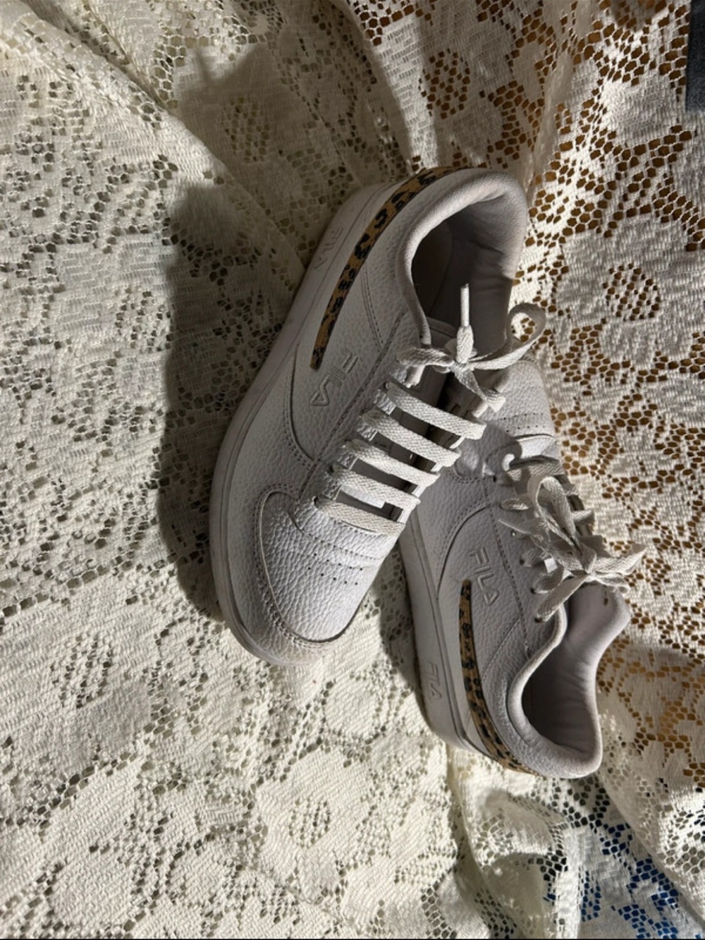 Fila White Leather Sneakers with Leopard Trim